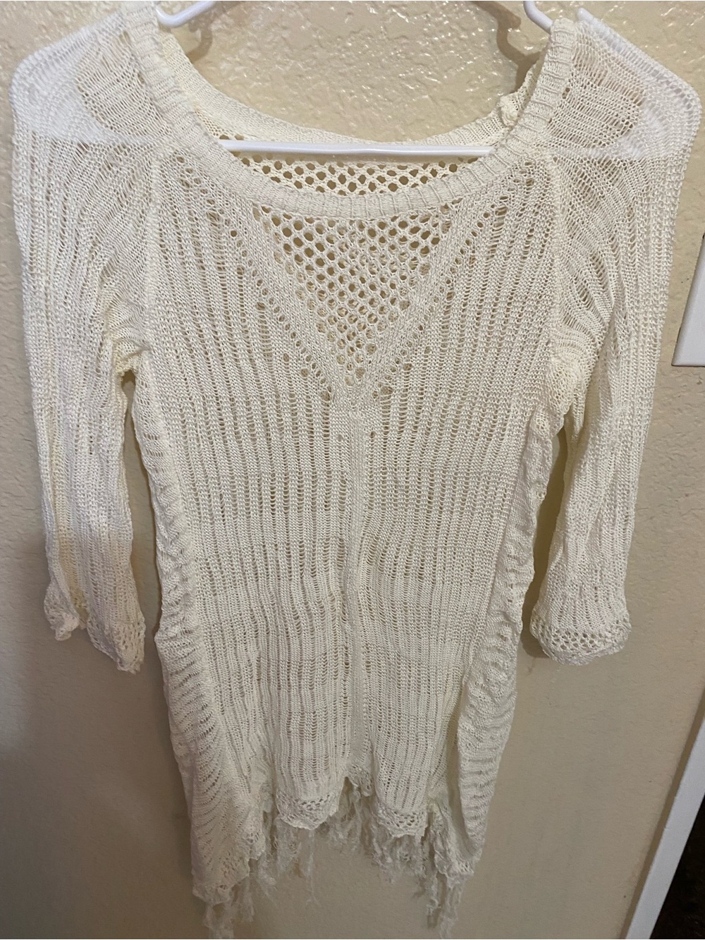 Crochet Knit Cream Swim Coverup Tunic with Fringe